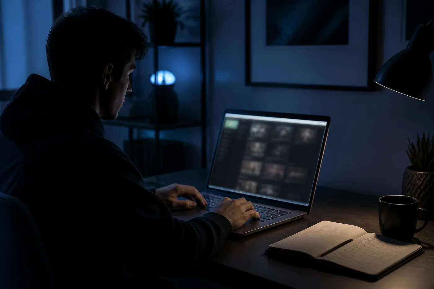 A person reviewing .onion links on a laptop in a dimly lit room, emphasizing safe exploration of the dark web.