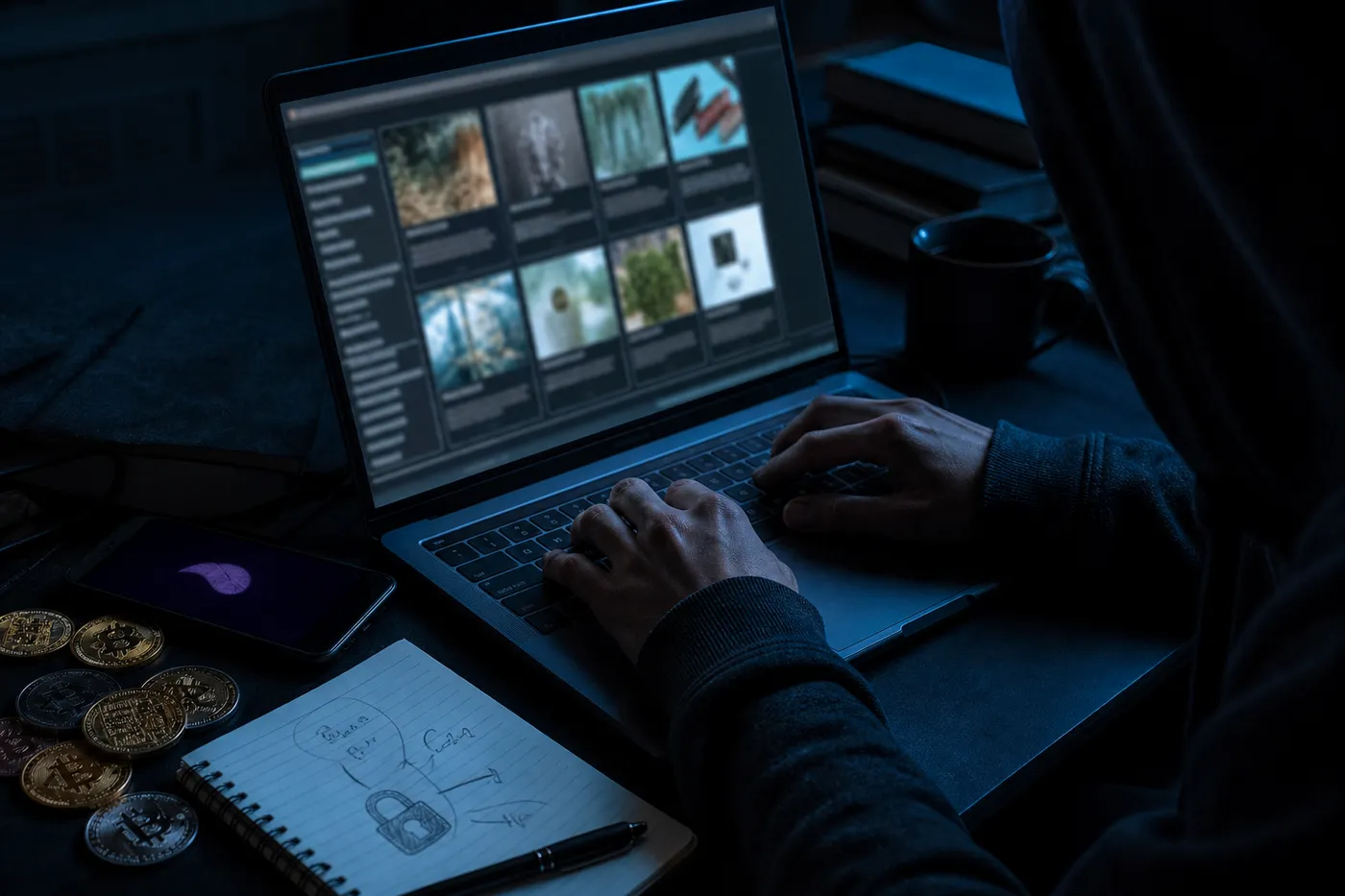 A user studying a darknet marketplace on a laptop, surrounded by cryptocurrency and encryption notes, illustrating the exploration of dark web links.
