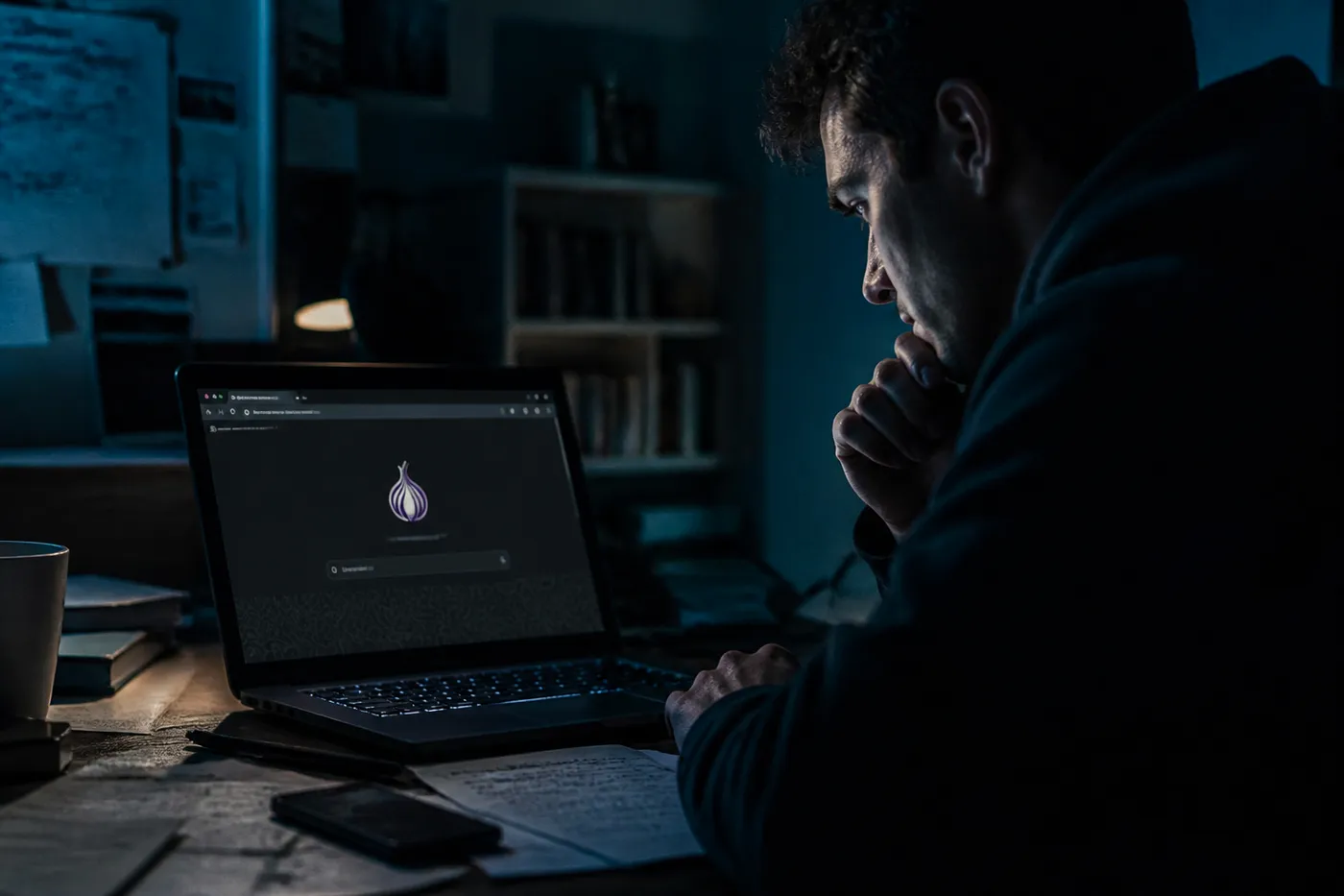 A user exploring Tor Browser in a dark room, surrounded by notes and a smartphone, emphasizing online privacy.