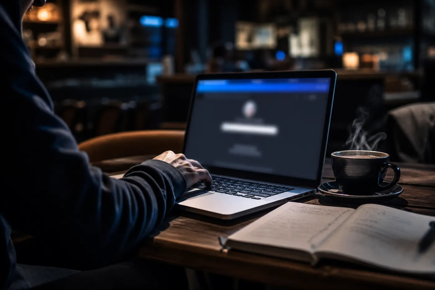 A user in a cozy café browsing DuckDuckGo on Tor, emphasizing safe online search practices.