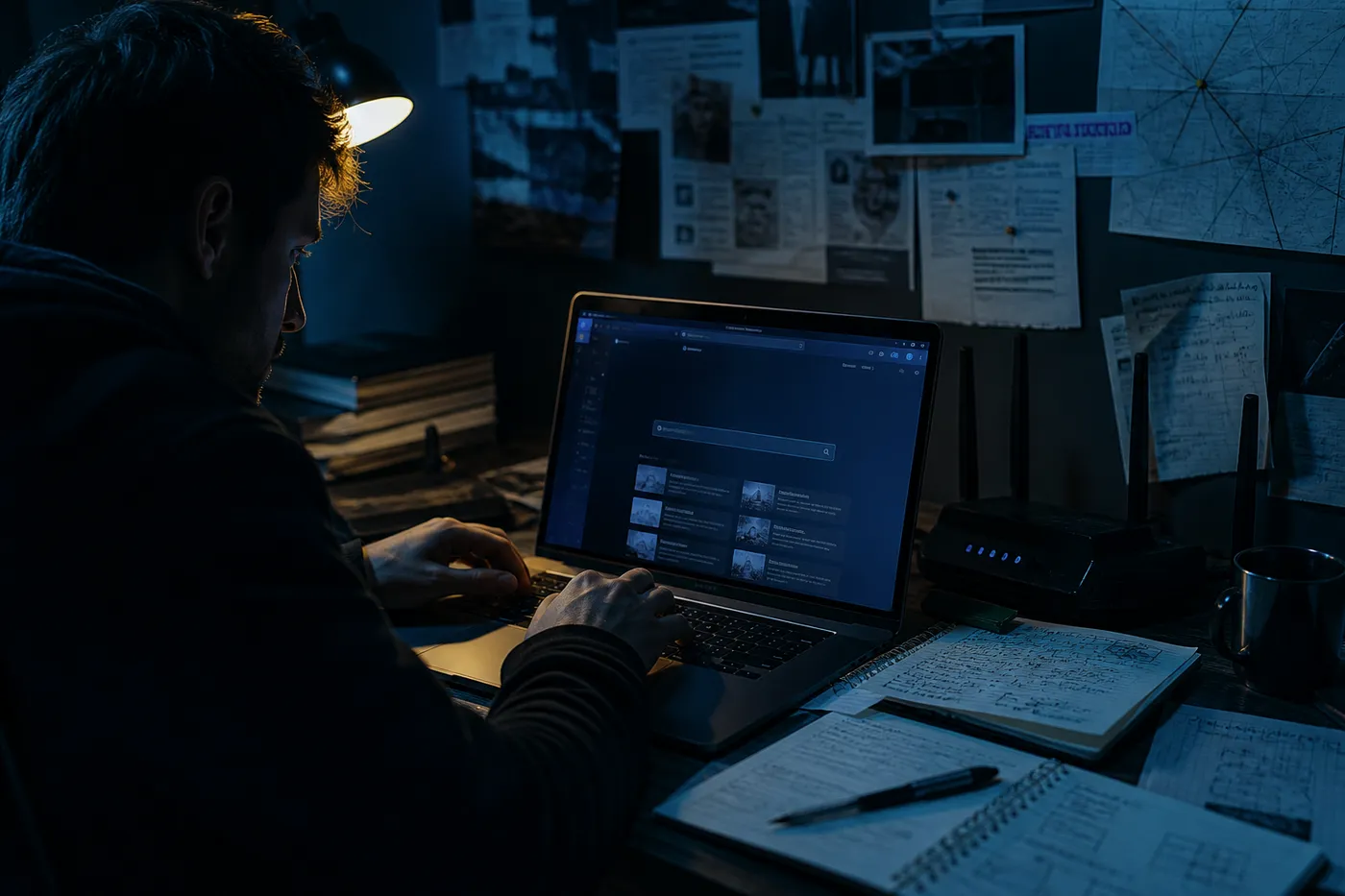 A researcher explores the Haystak dark web search engine on a laptop, surrounded by notes and a VPN router.