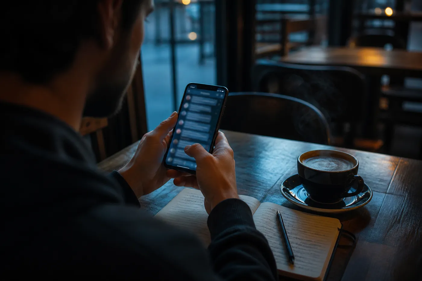 A user in a cozy cafe accessing Telegram for dark web links, illustrating the article's topic.