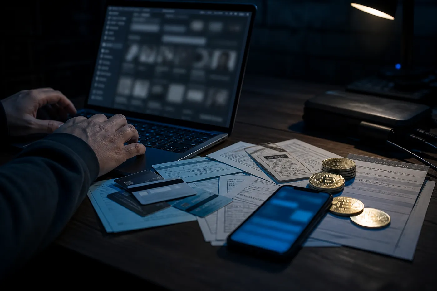 A scene depicting a dark web marketplace transaction with a laptop and cryptocurrency coins, illustrating the risks of online data trading.