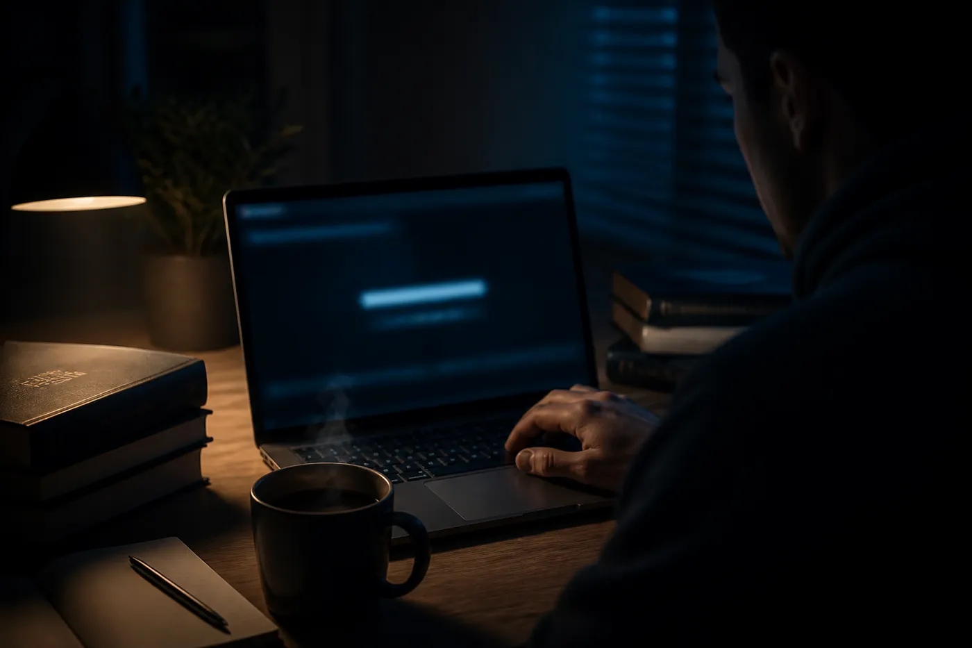 A person in a cozy workspace using the Tor Browser to access the Torch search engine for dark web exploration.