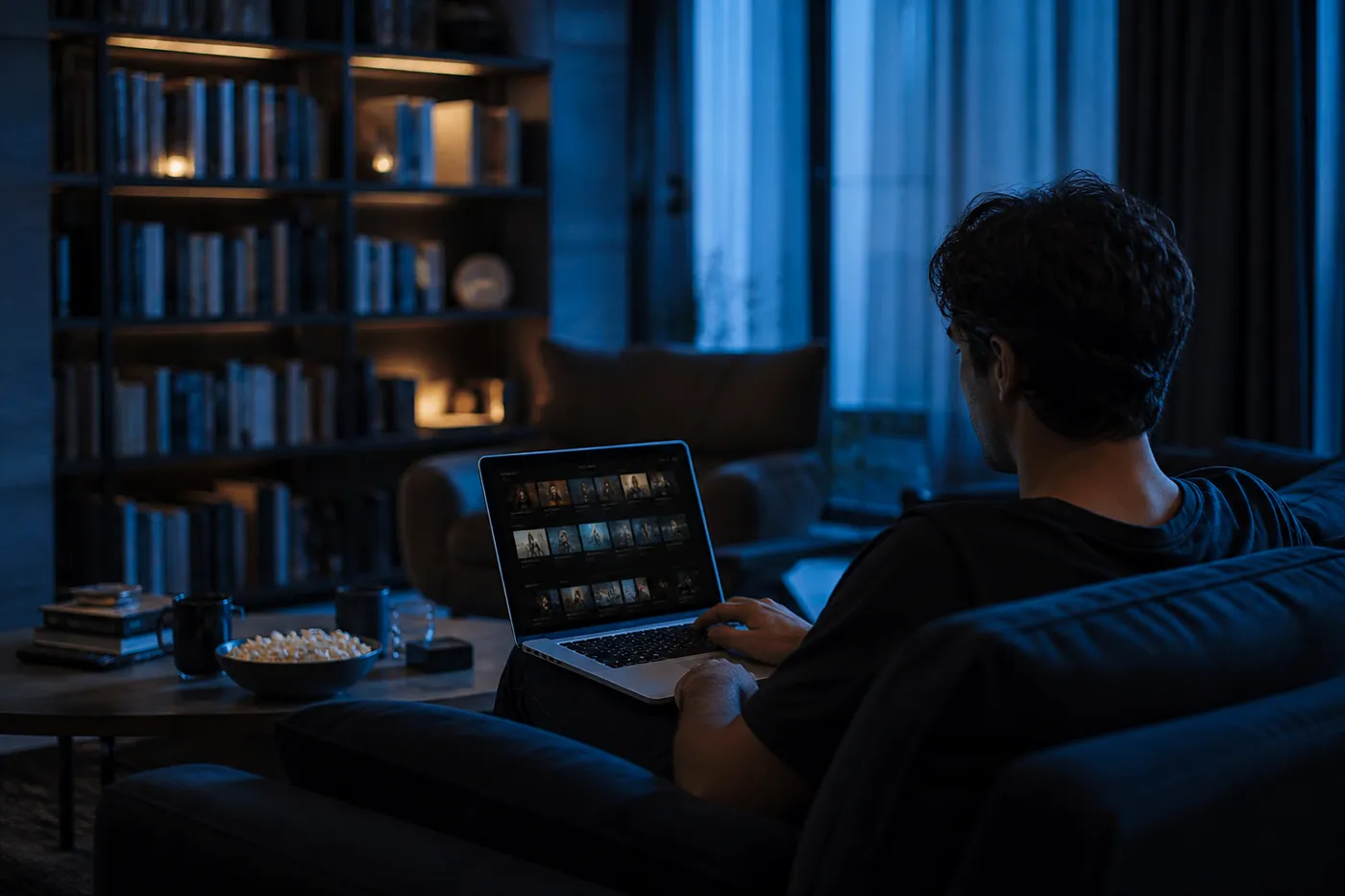 A cozy living room setting with a person engaged in exploring dark web series on a laptop, reflecting the article's theme.