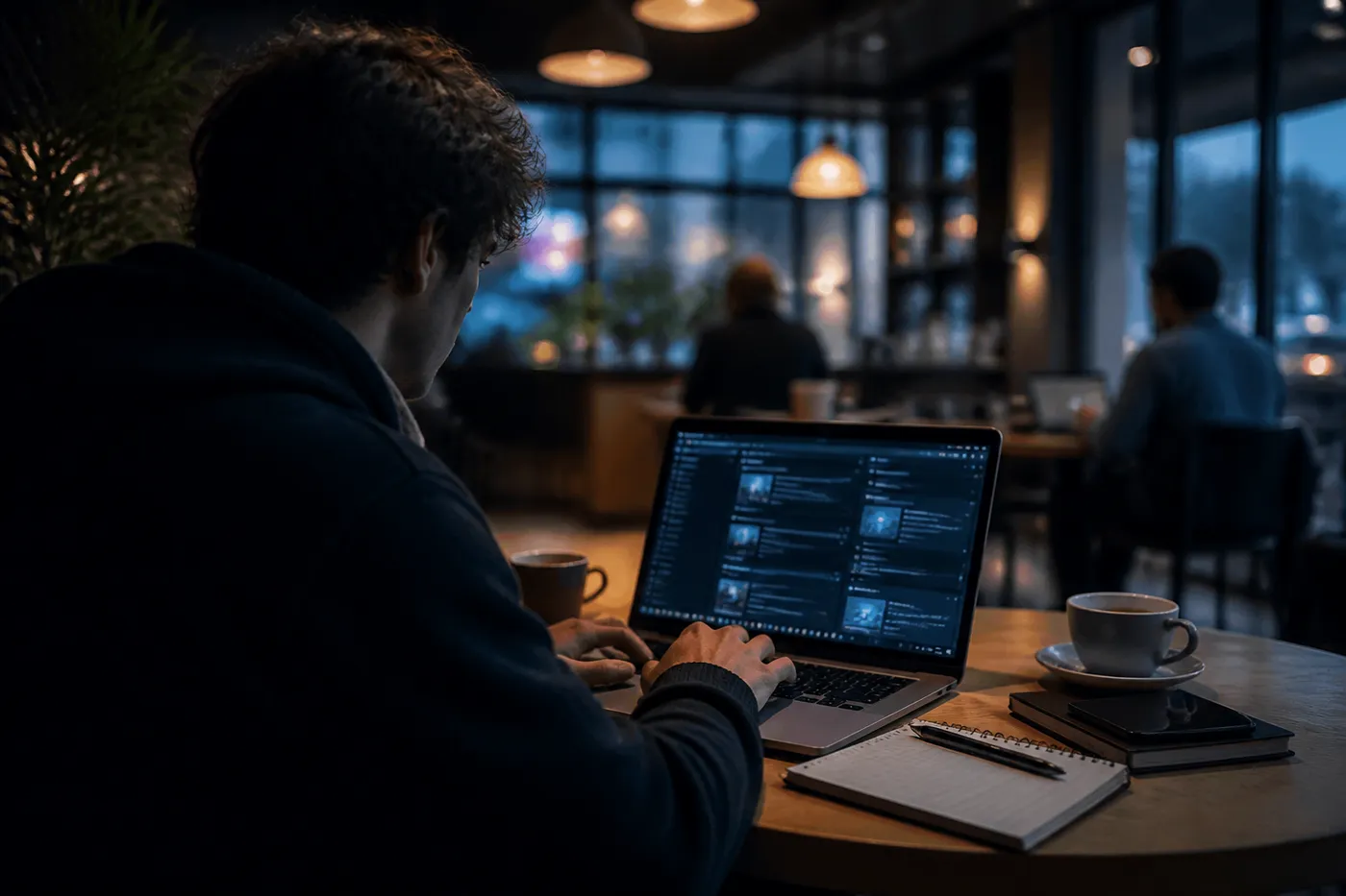 A user exploring dark web tools on a laptop in a cozy café setting, emphasizing safety and navigation.