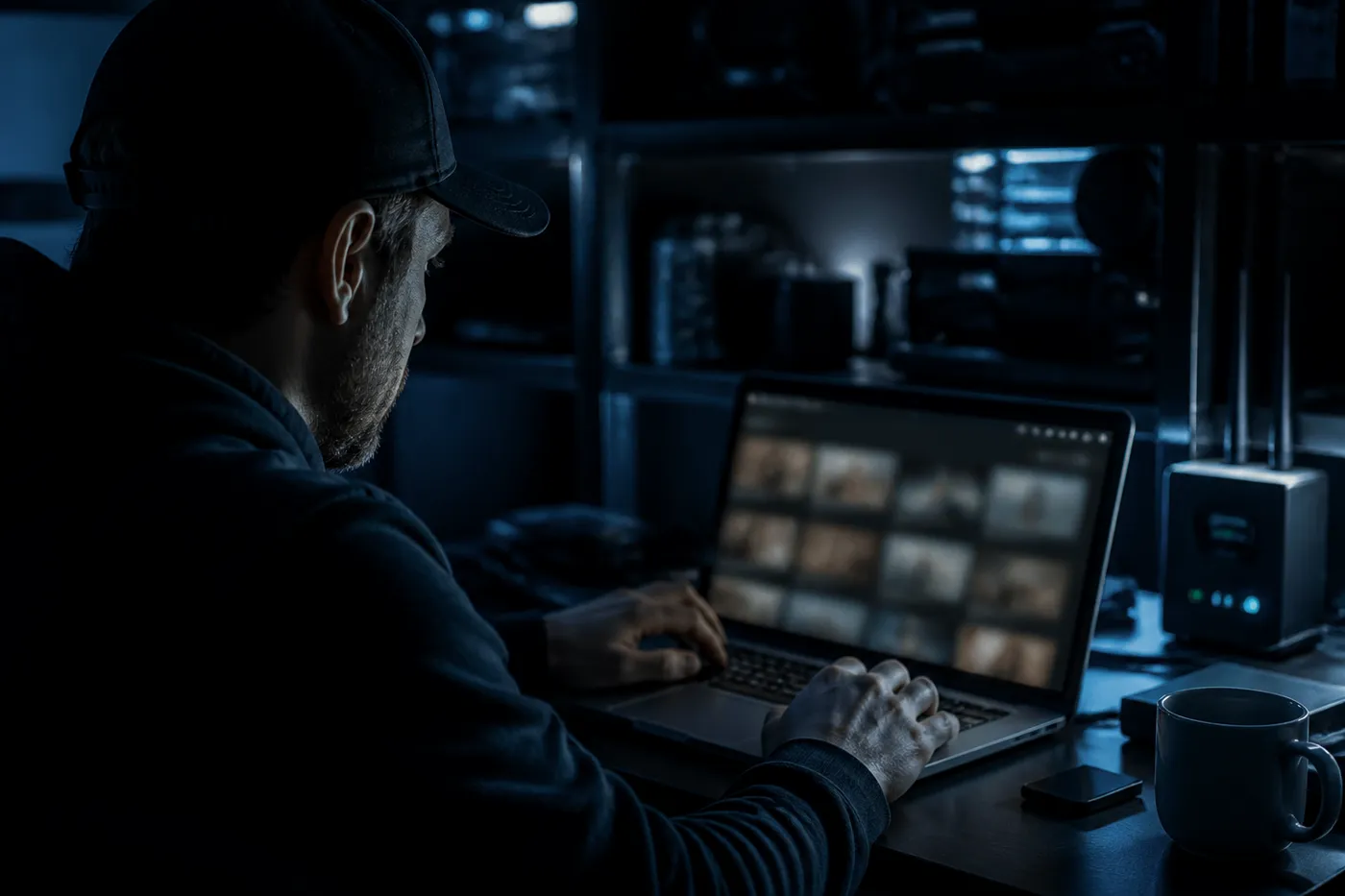 A person engaged in watching videos on a dark web streaming site, highlighting alternative media exploration.