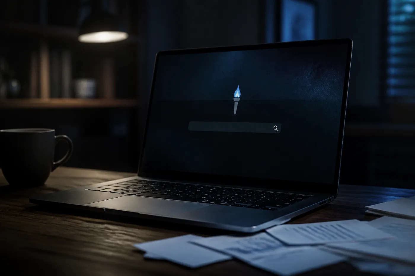 A user quietly explores the Torch search engine on a laptop in a dimly lit room, highlighting the dark web experience.