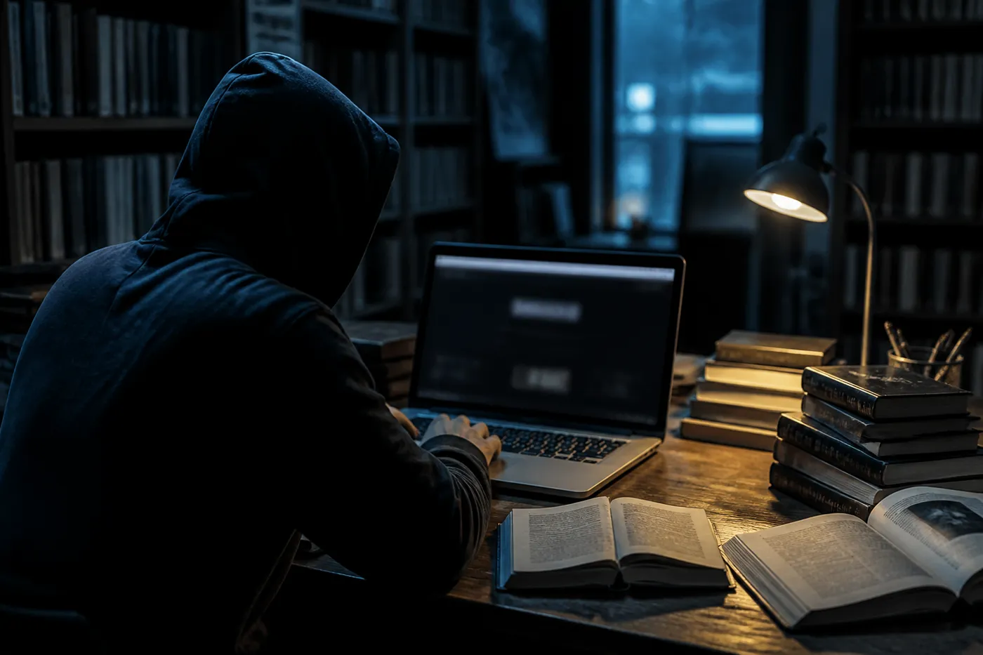 A person studying dark web search techniques in a library, emphasizing privacy and exploration.