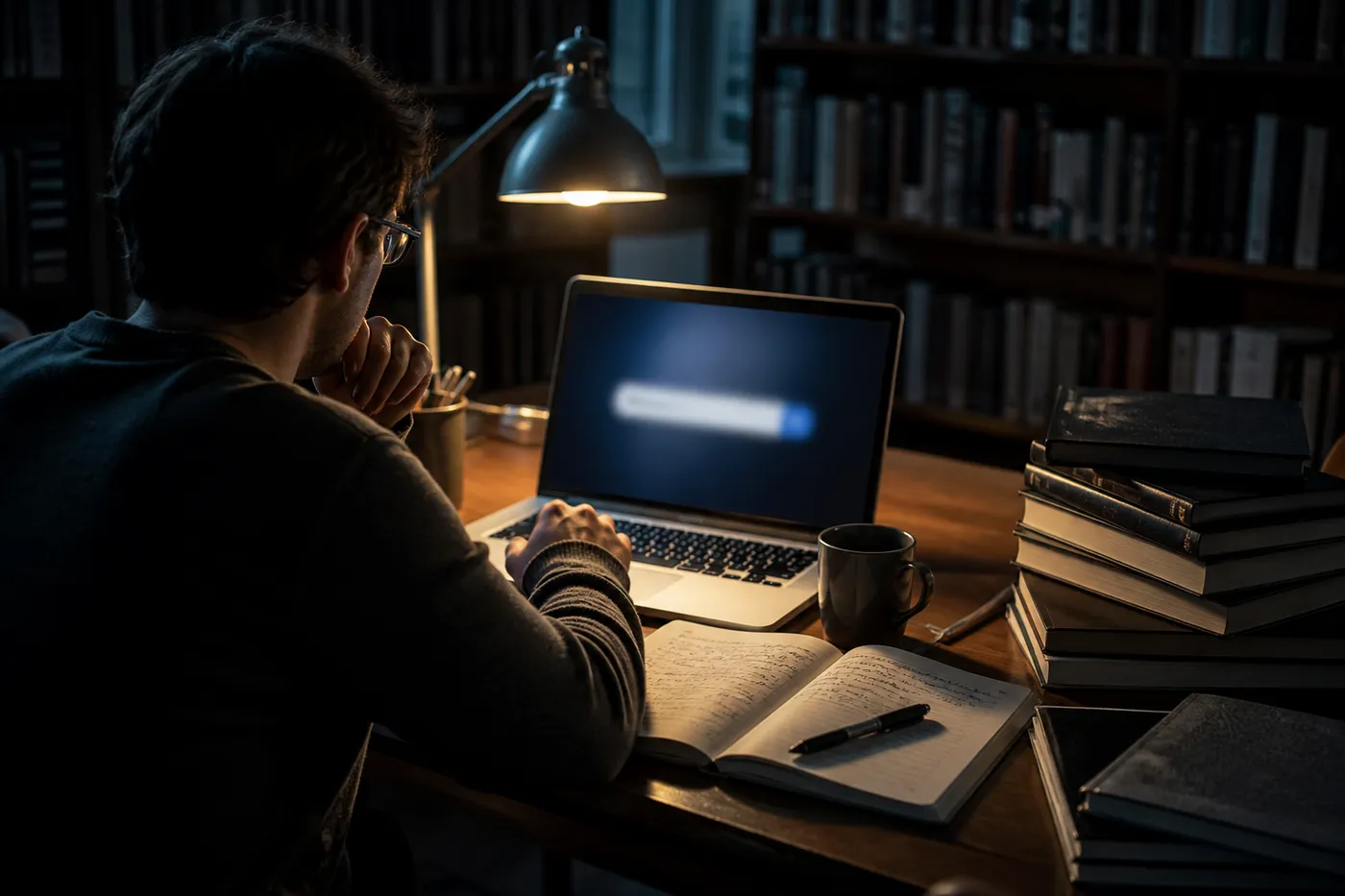 A researcher in a library exploring deep web search engines on a laptop, surrounded by books and notes.