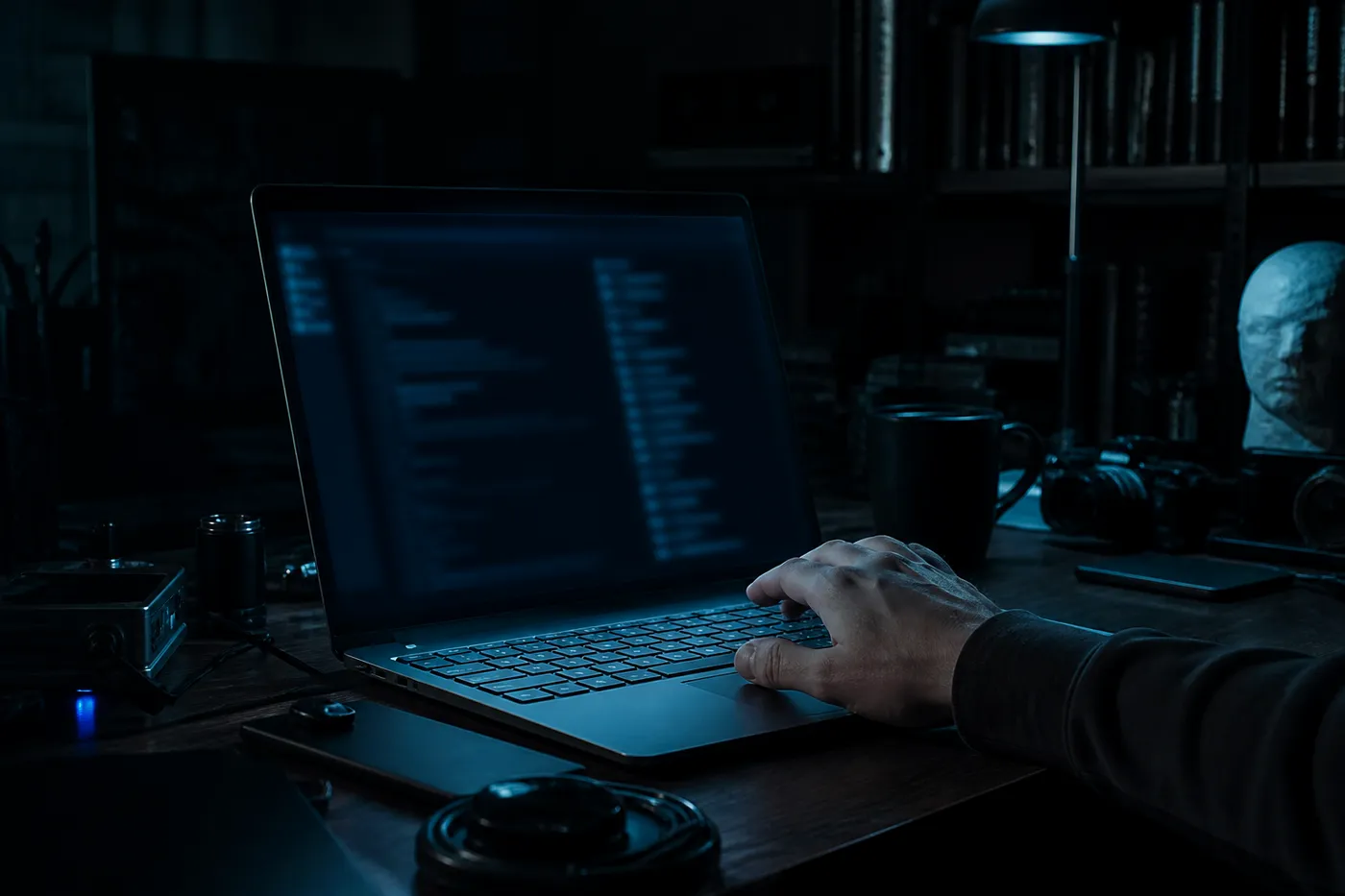 A user in a darkened room exploring the Hidden Wiki on a laptop, surrounded by tech gadgets.