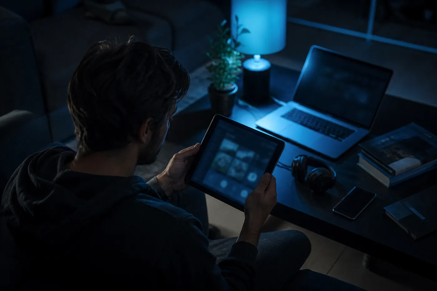 A user examines dark web links on a tablet in a cozy, modern living room, highlighting curiosity about the dark web.