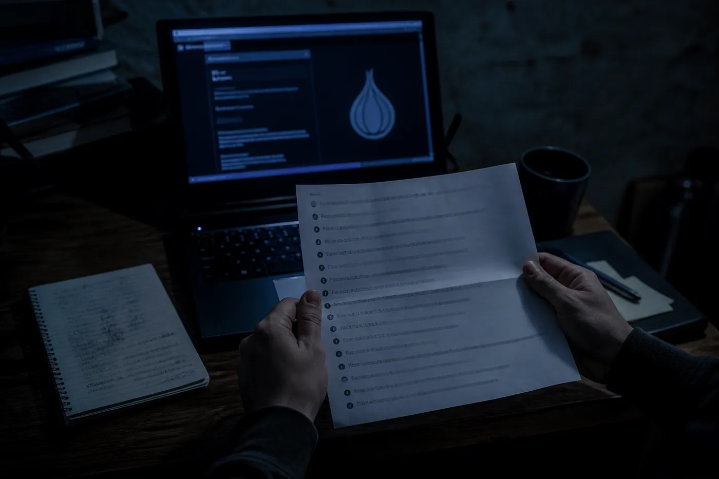 A person studying a printed list of .onion addresses for safe deep web access.