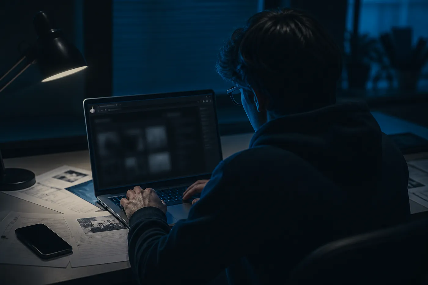 A user immersed in exploring a .onion site on their laptop in a low-key lit room, highlighting dark web research.