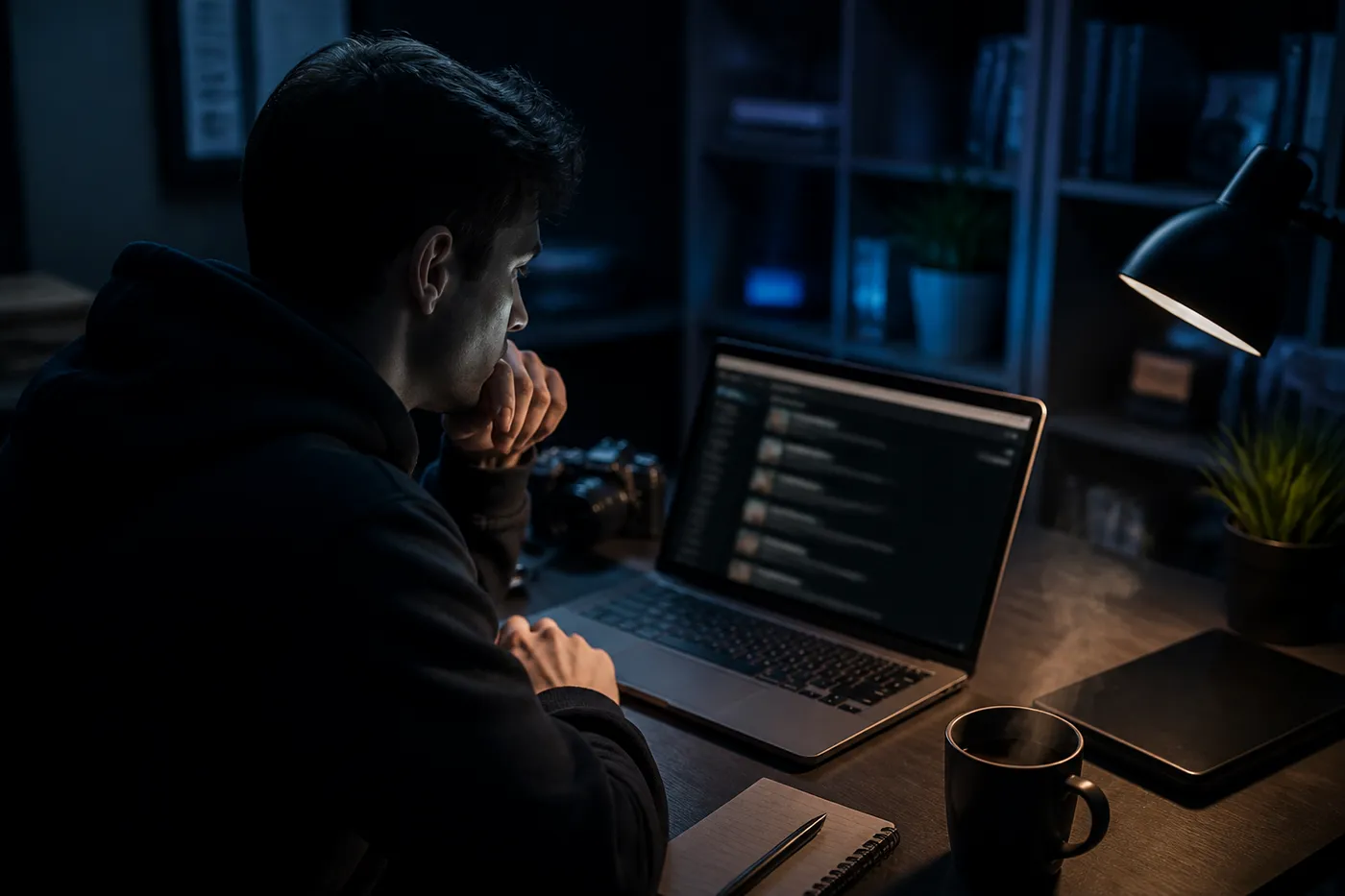 A user engaged in safe browsing of .onion links on a laptop, surrounded by tech gadgets.