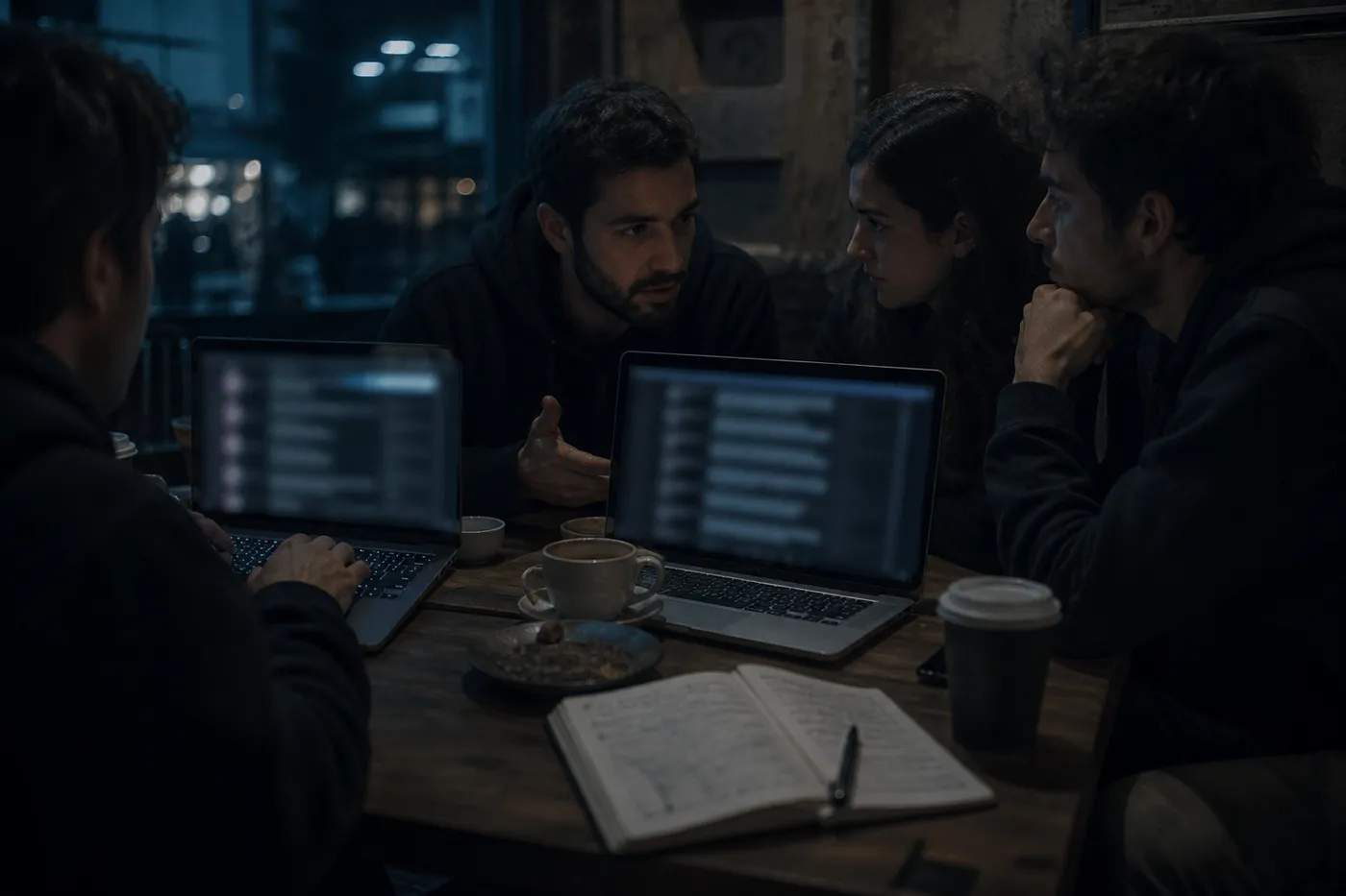 A group in a cafe discussing Telegram channels sharing onion links to explore the dark web.
