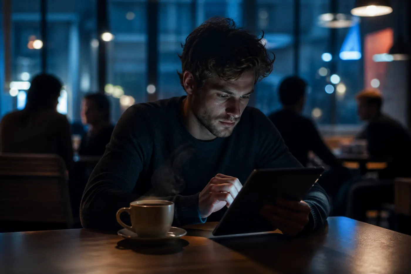 A user navigating Tor Browser on a tablet in a stylish cafe, emphasizing the article's focus on .onion site searches.