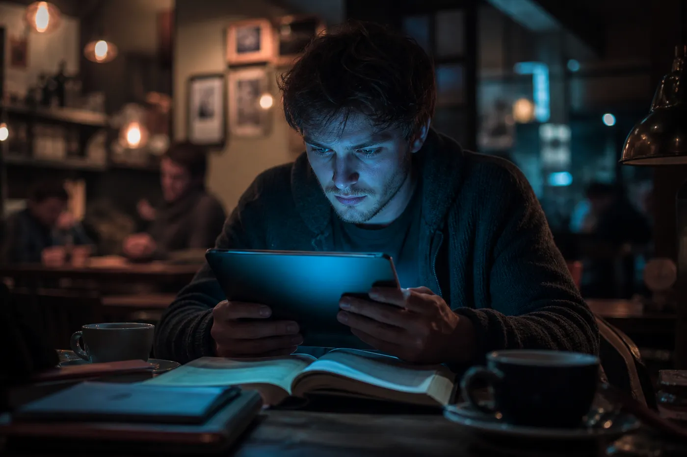 A researcher in a café exploring .onion sites on a tablet, conveying the article's focus on dark web search engines.