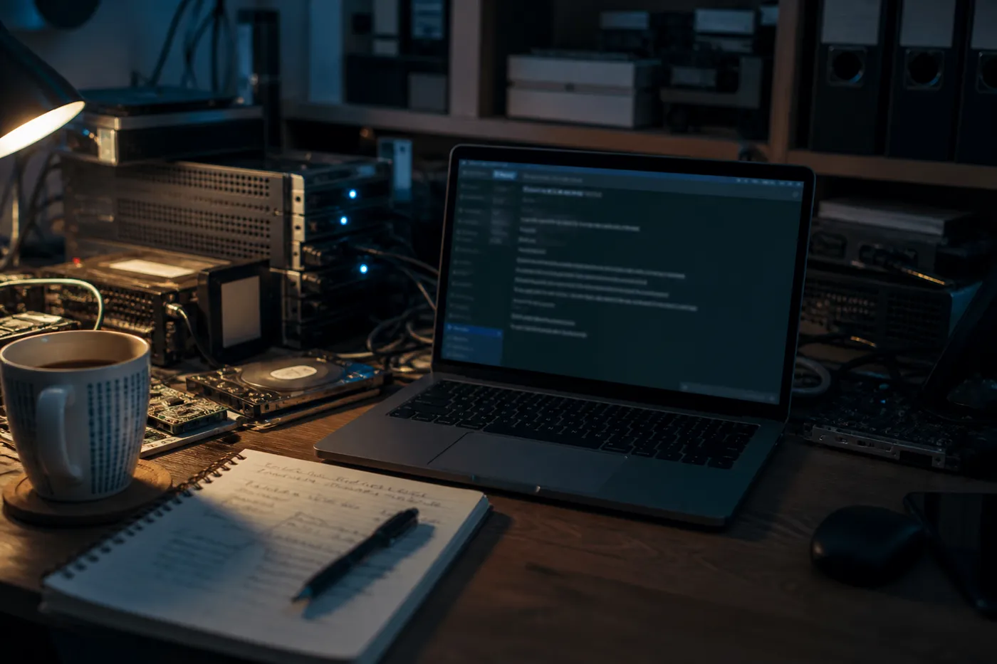 A person working in a home office, setting up a Tor server with a laptop and computer hardware.