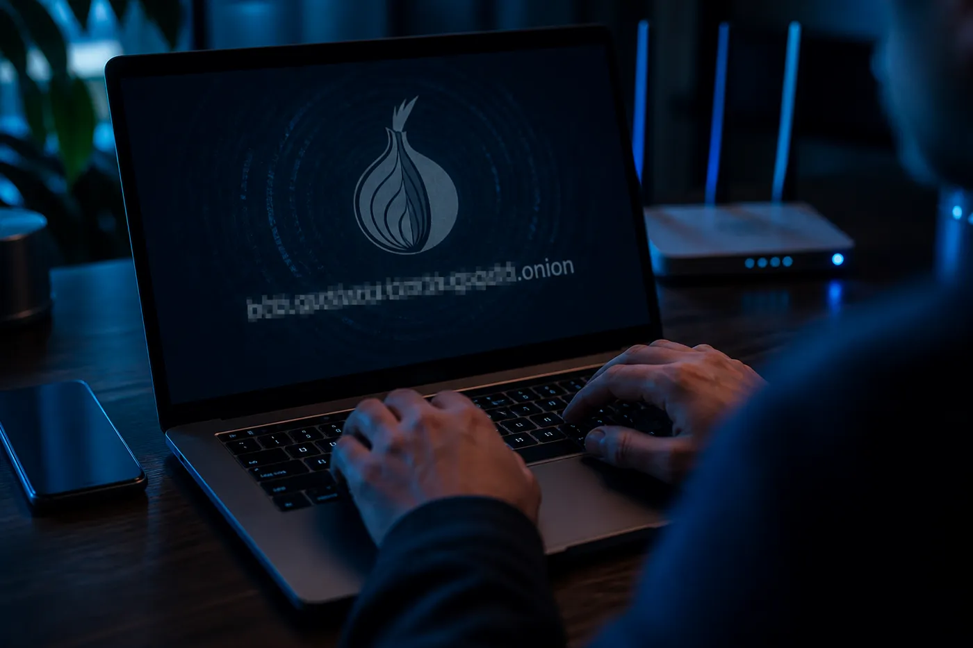 A person entering a .onion address on a laptop in a dark room, highlighting the dark web exploration theme.
