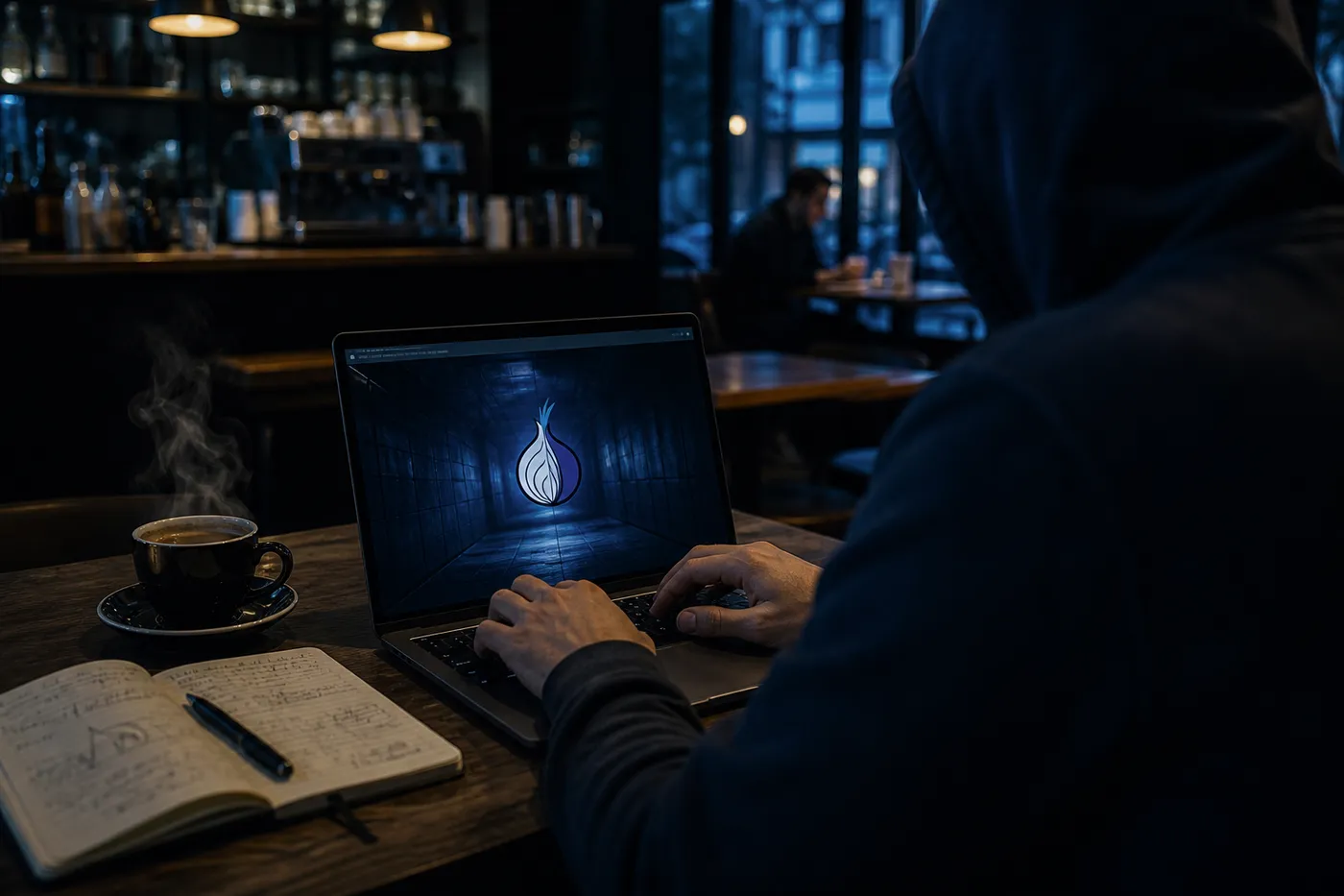 A person in a café investigating a .onion address on their laptop, symbolizing the exploration of hidden web services.
