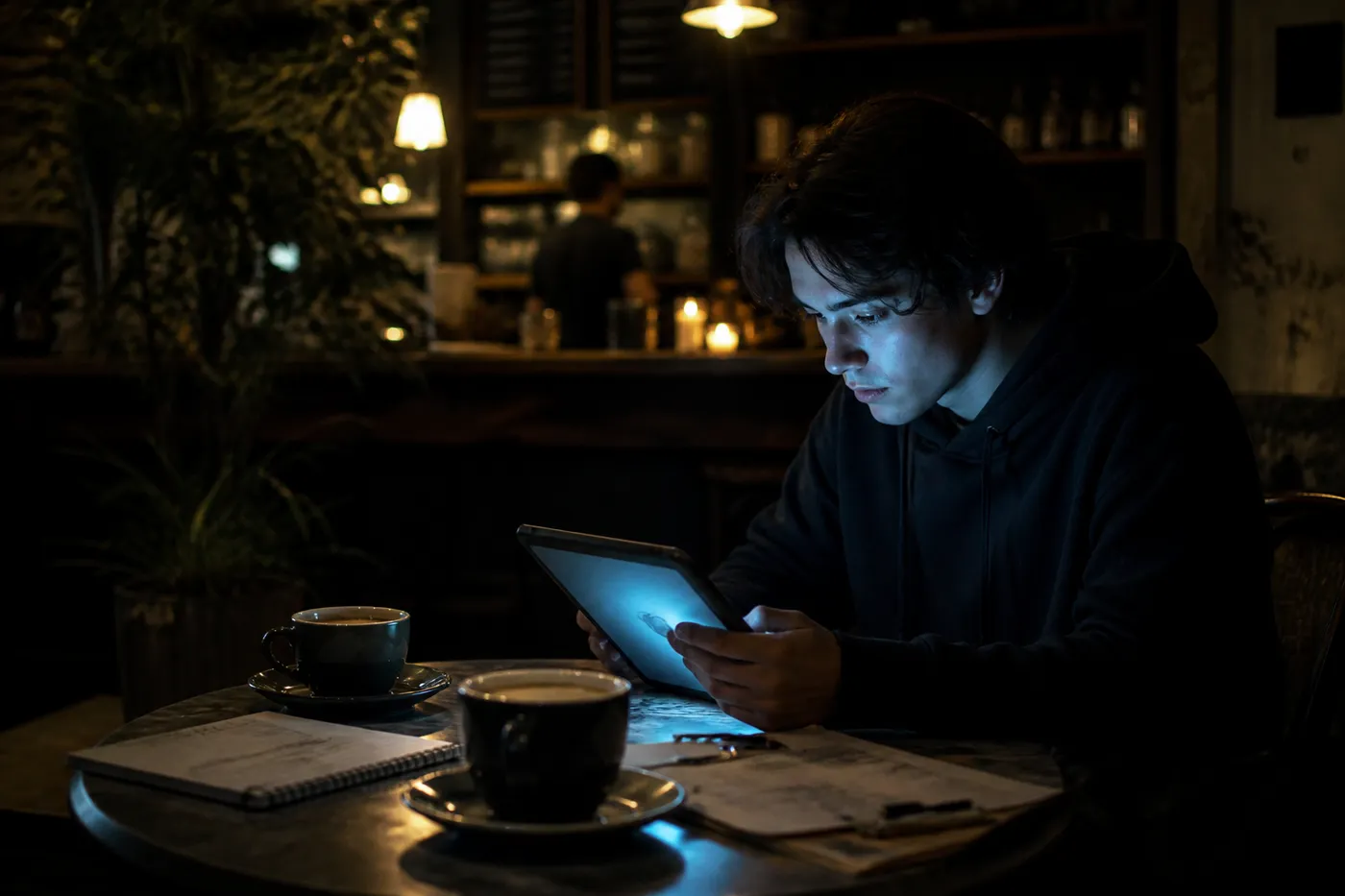 A user in a cafe exploring a .onion website on a tablet, demonstrating safe navigation of the dark web.