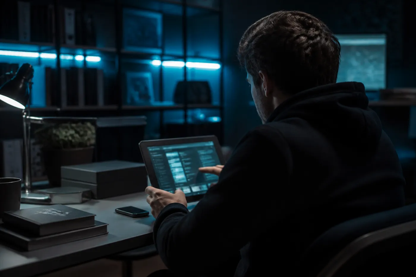 A user using a tablet to browse a Tor proxy website in a modern home office setting.