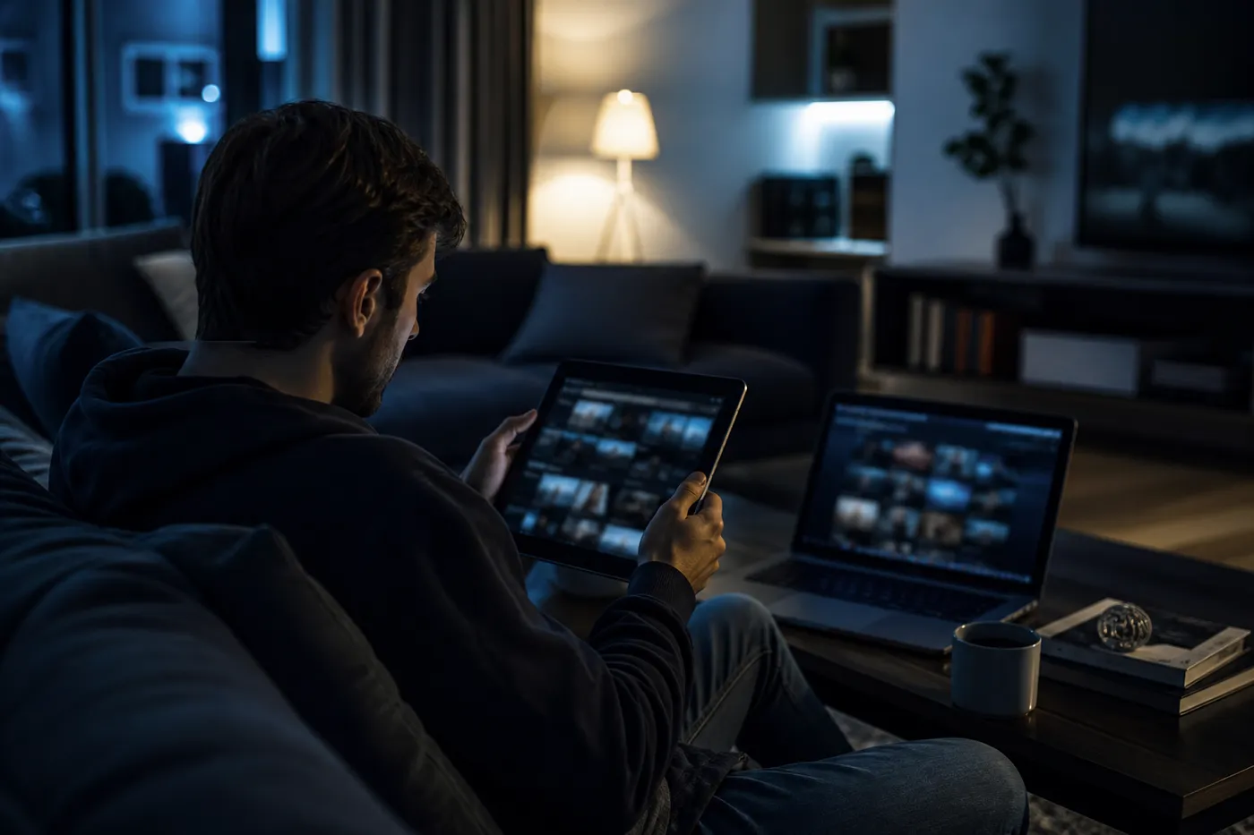 A user exploring .onion websites on a tablet in a stylish living room, embodying the essence of Tor browsing.