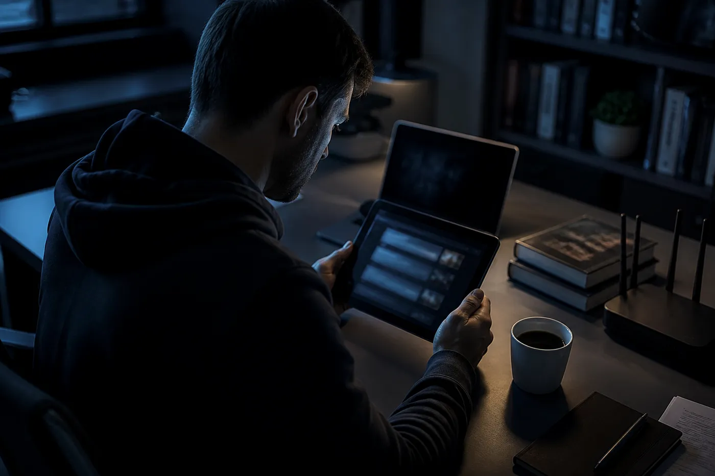 A researcher in a modern office exploring dark web search engines on a tablet, emphasizing safety and anonymity.