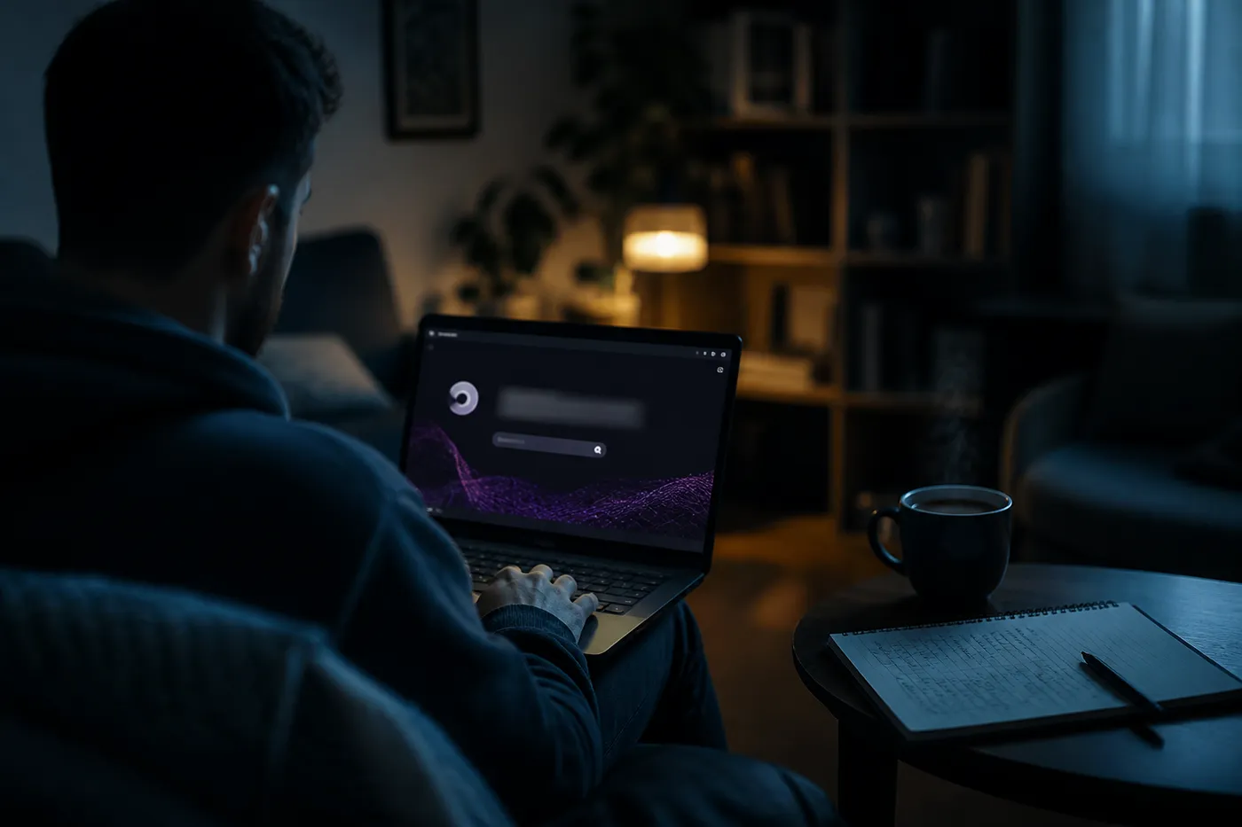 A person exploring the Tor Browser in a cozy living room, emphasizing safe access to .onion links.