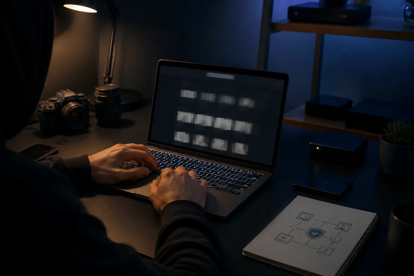 A user examining a dark web search engine on their laptop in a dimly lit room, emphasizing the article's focus on safe browsing tools.