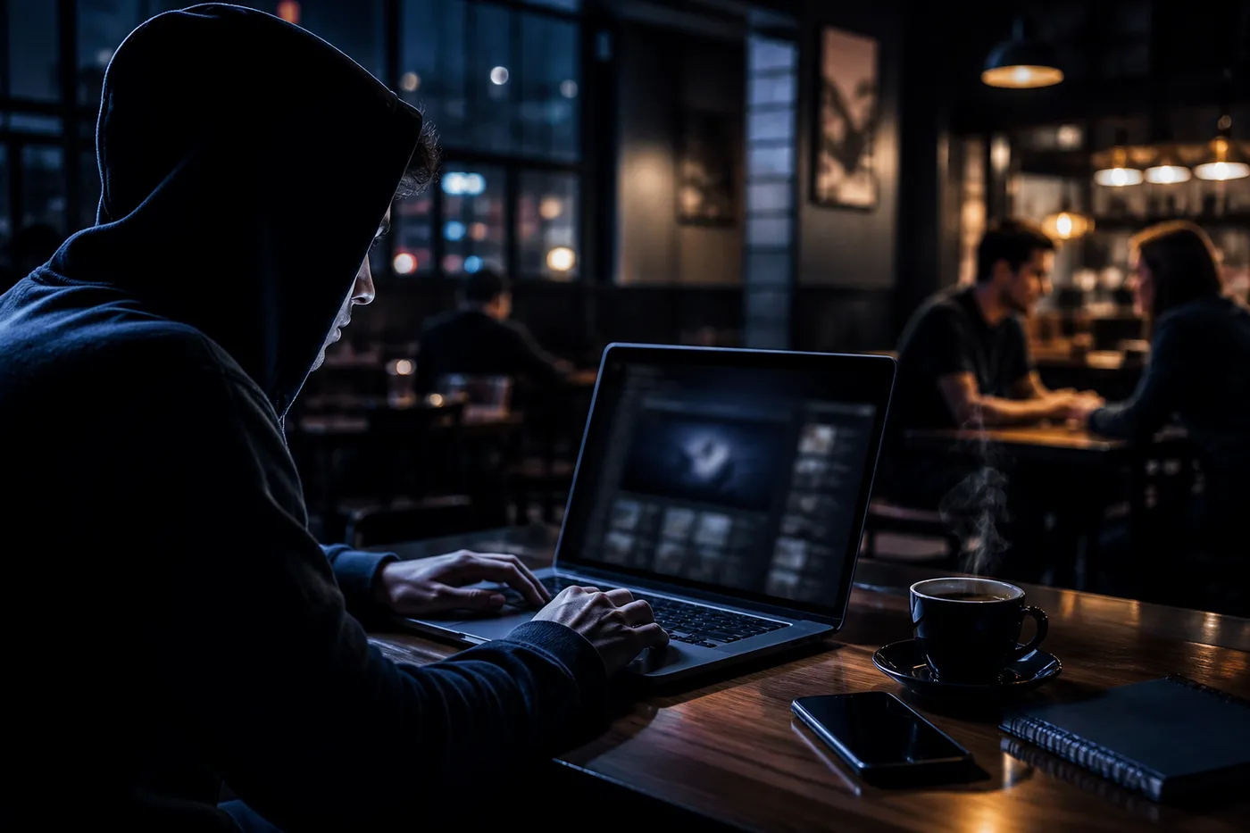 A user in a café discreetly exploring legitimate Onion sites on a laptop, enhancing online privacy.