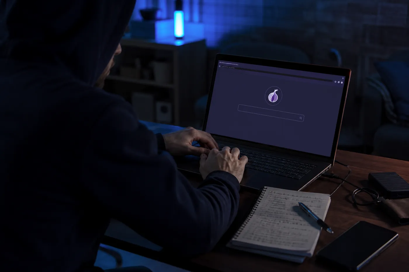 A person researching Tor search engines on a laptop in a dark, techy setting, perfect for beginners exploring the dark web.