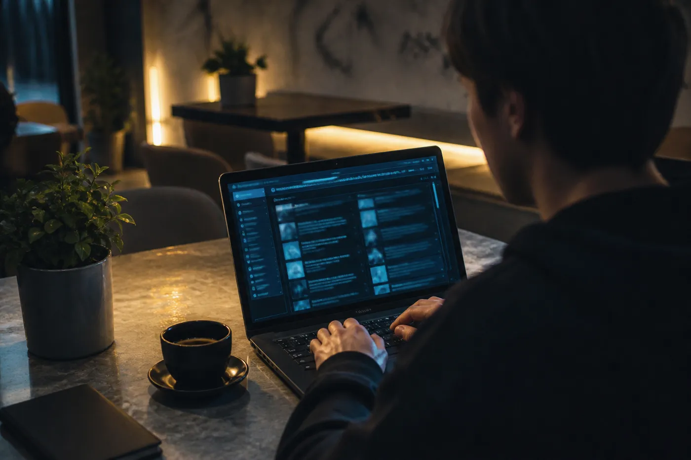 A user exploring curated Tor links on their laptop in a contemporary cafe setting.