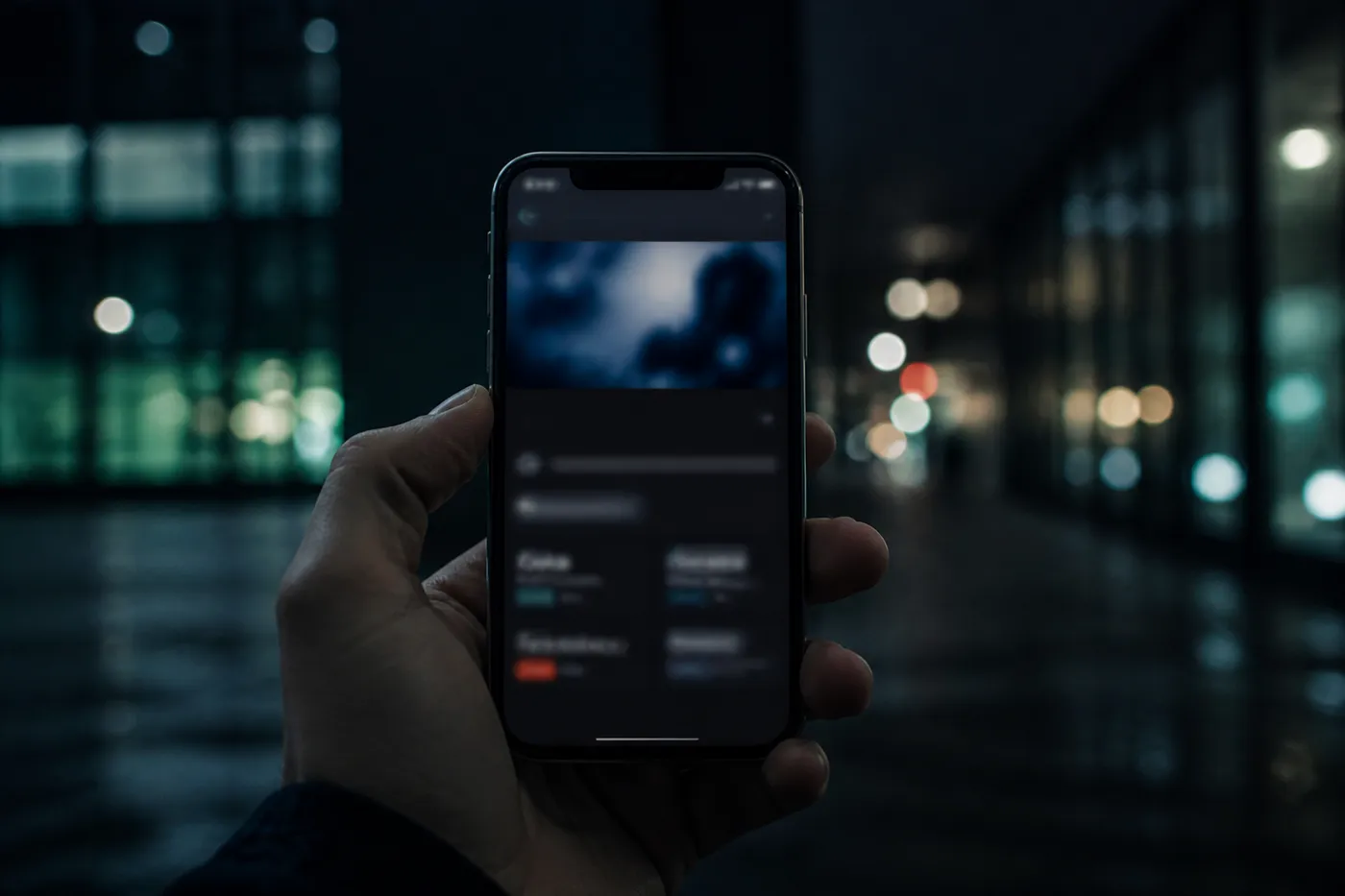 A person exploring a .onion address on their smartphone in a dimly lit urban environment.