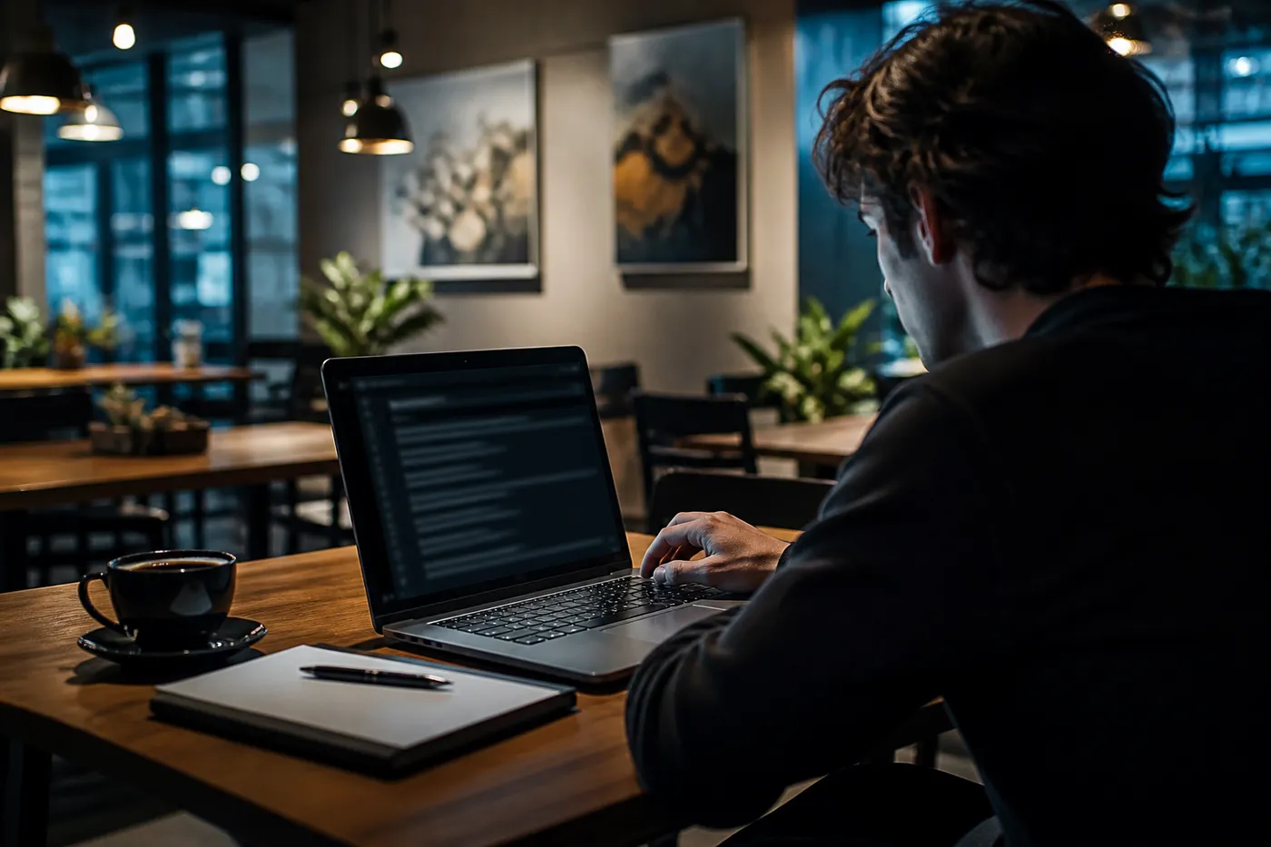 A user navigates the Torch browser on a laptop in a cozy cafe, focusing on .onion links.