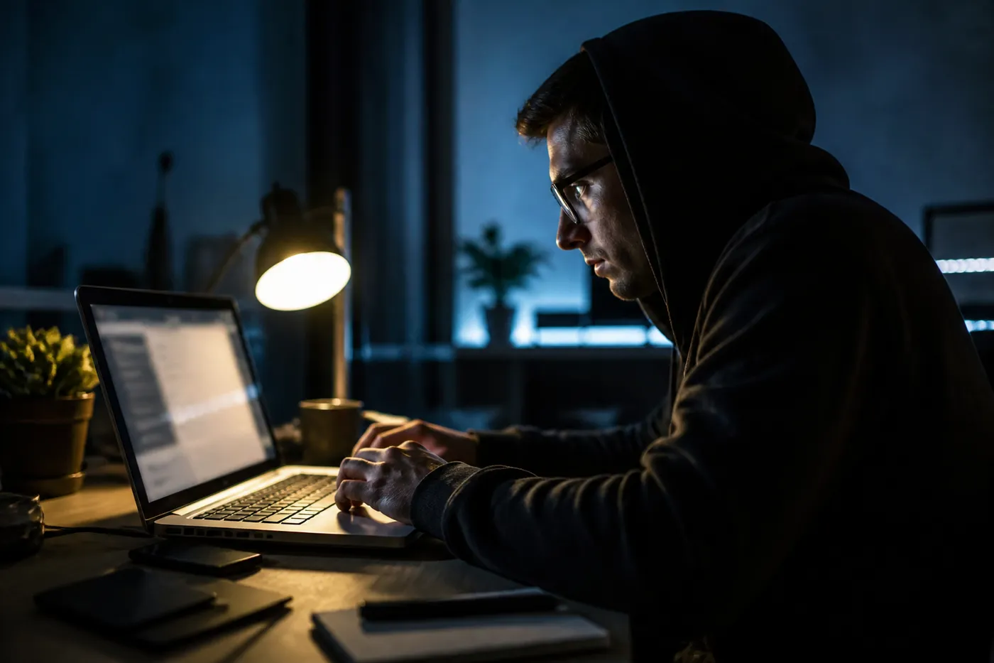 A user in a cool-toned room carefully exploring a curated list of dark web .onion links on their laptop.