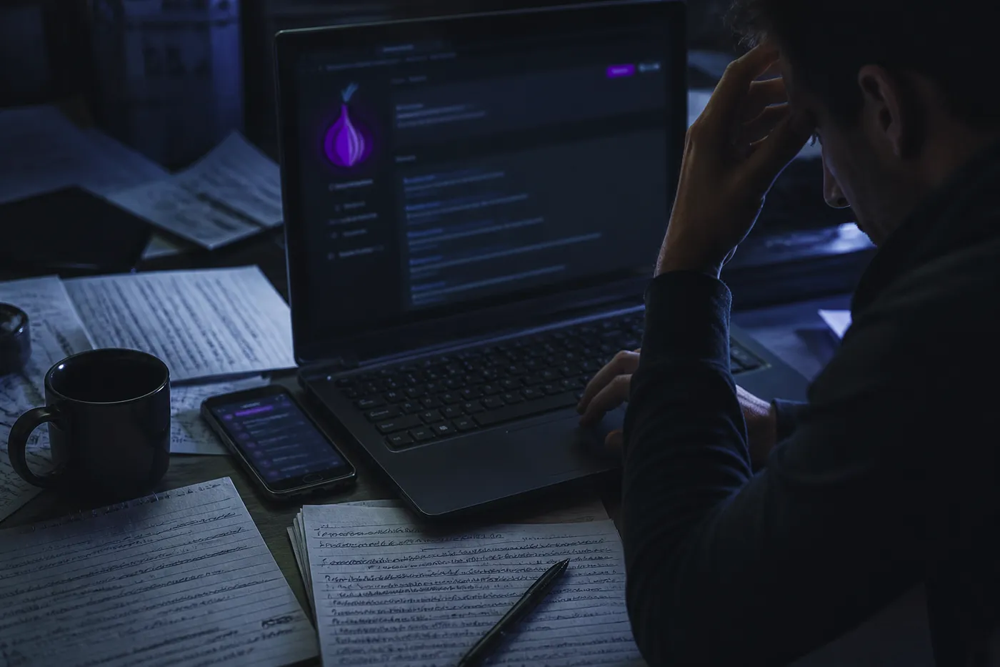 A user troubleshooting non-working .onion links in a dark room, emphasizing the challenges faced by newcomers.