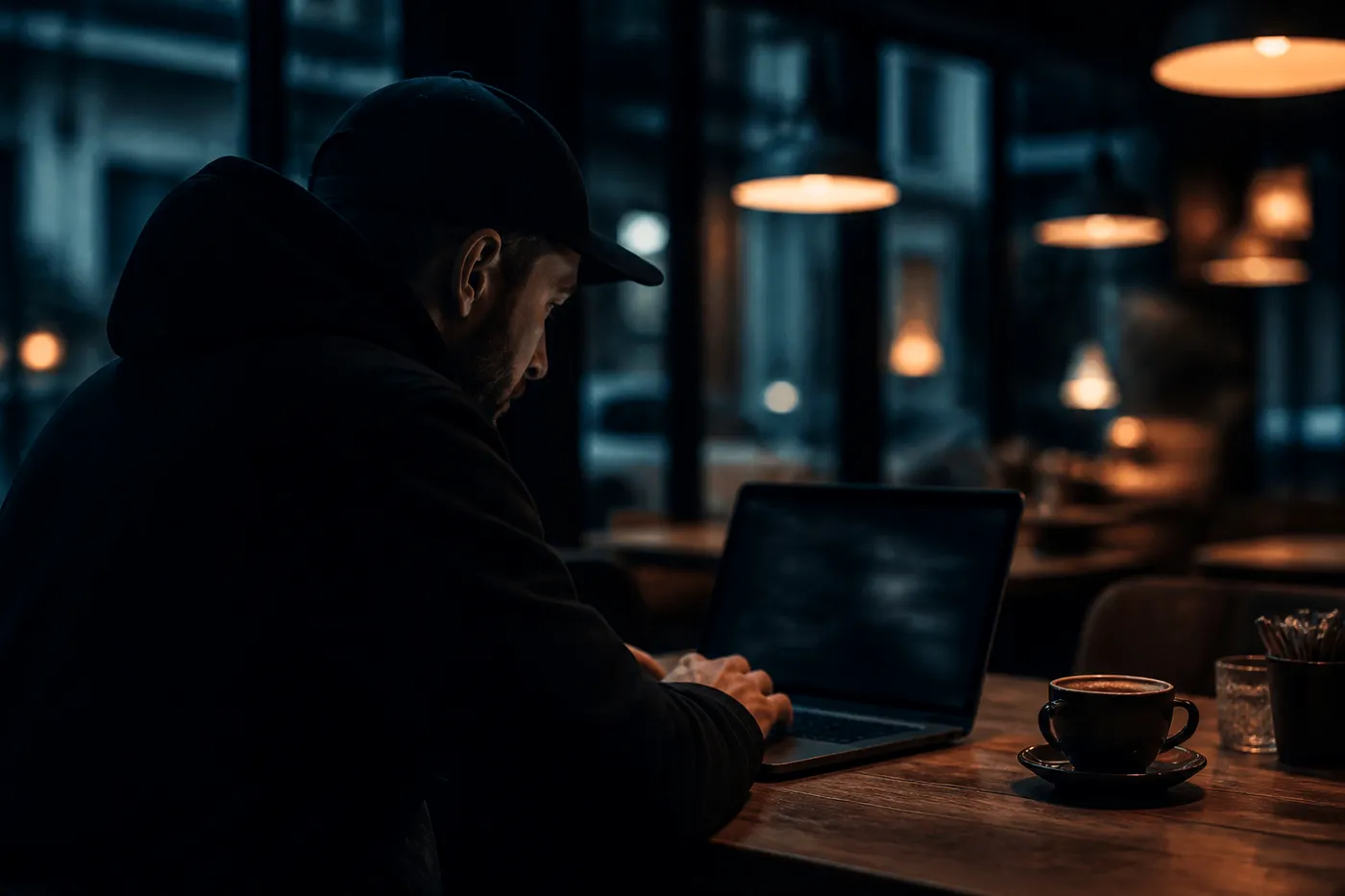 A user navigating dark web links on a laptop in a cozy café setting, emphasizing safety and exploration.