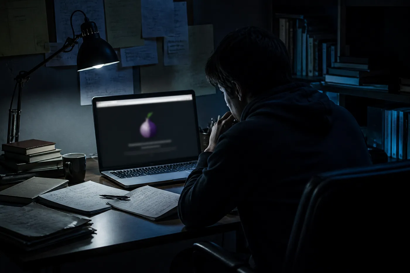 A person using a laptop to explore dark web search engines in a low-light room.