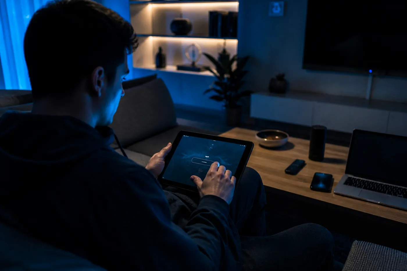 A user in a cozy living room navigating dark web search engine apps on a tablet, reflecting the theme of safe exploration.