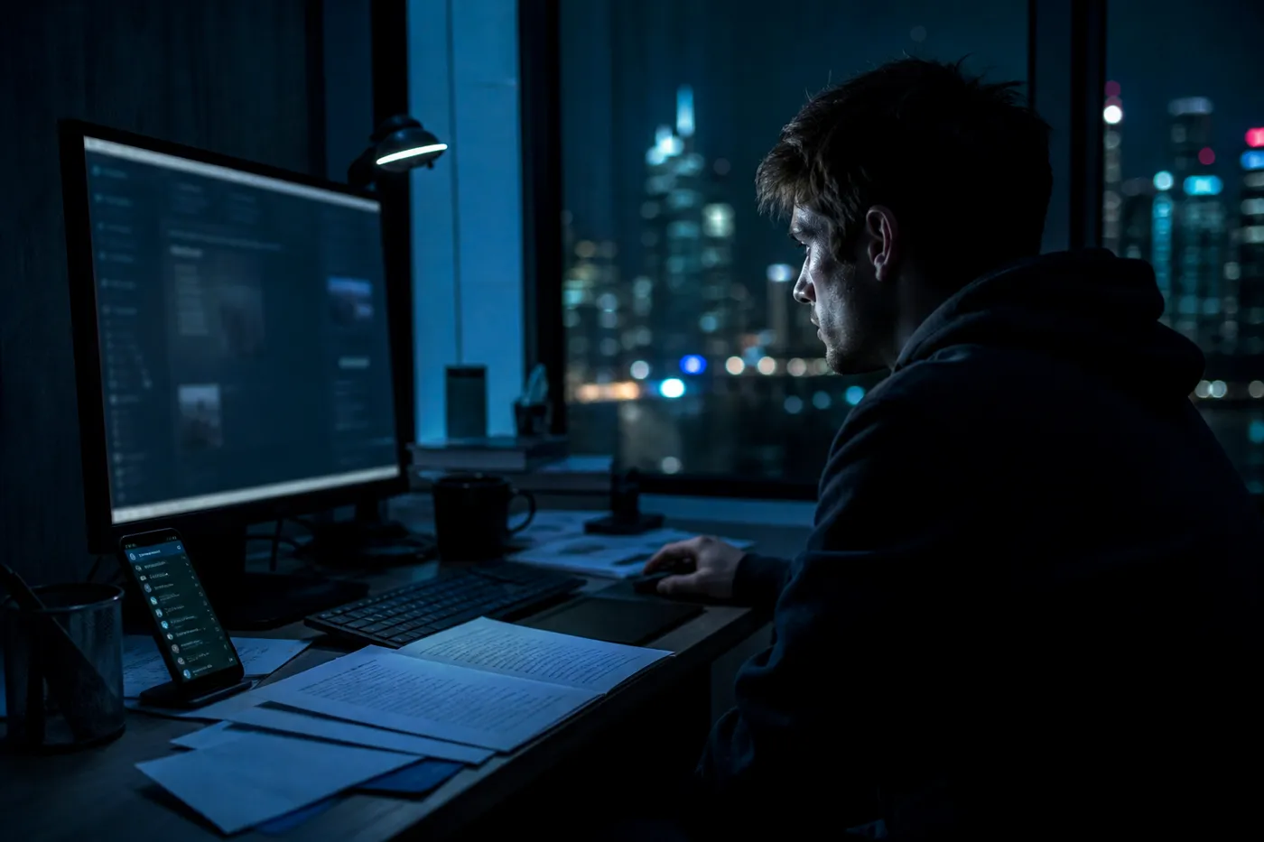 A user engaged in navigating a dark web search engine on a desktop, surrounded by papers and a smartphone.