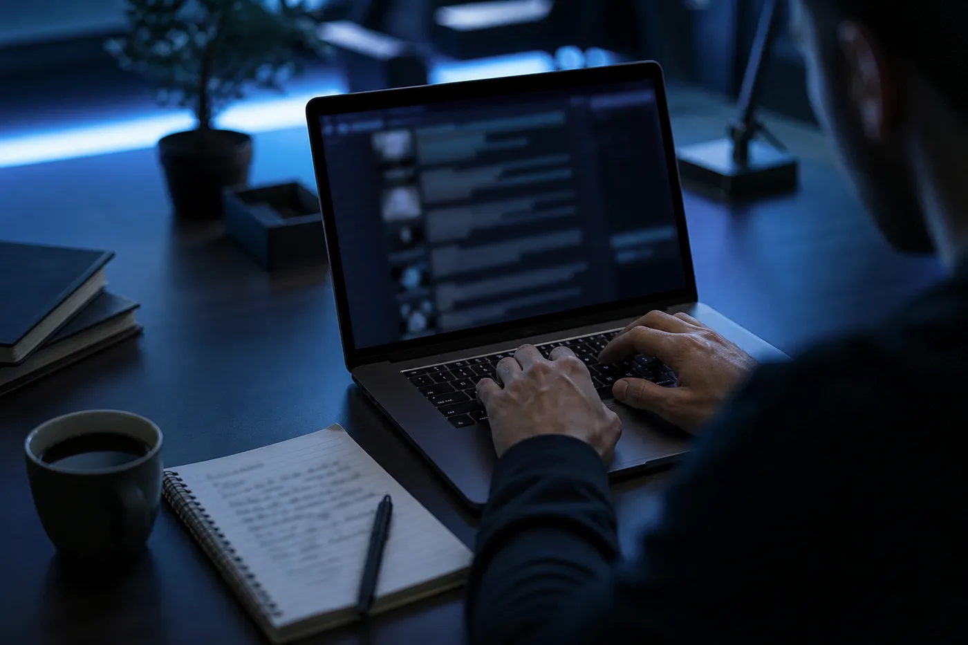 A person researching dark web search engines in a modern office, surrounded by safety notes and a laptop.