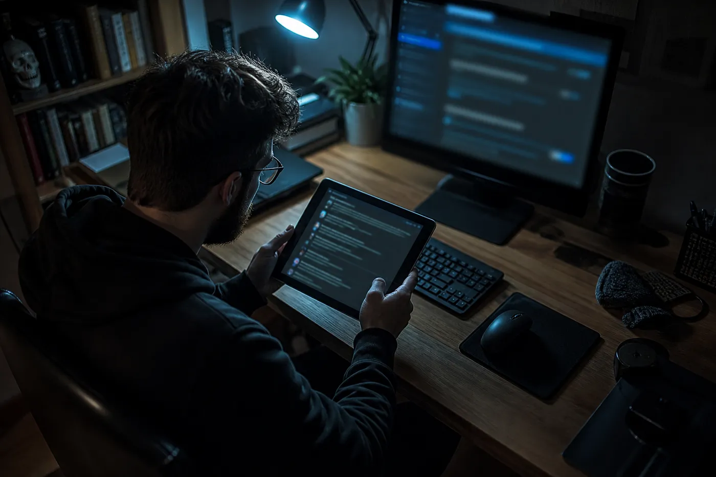 A user in a home office examining dark web search engine links on a tablet, reflecting the article's theme.
