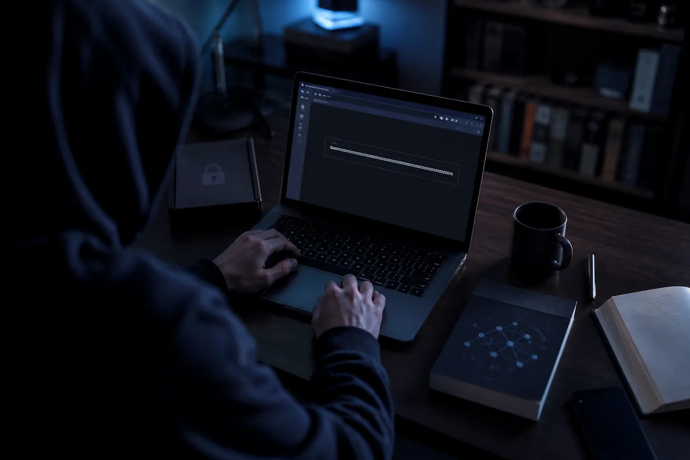 A user exploring a .onion address on a laptop in a low-lit room, emphasizing online privacy.