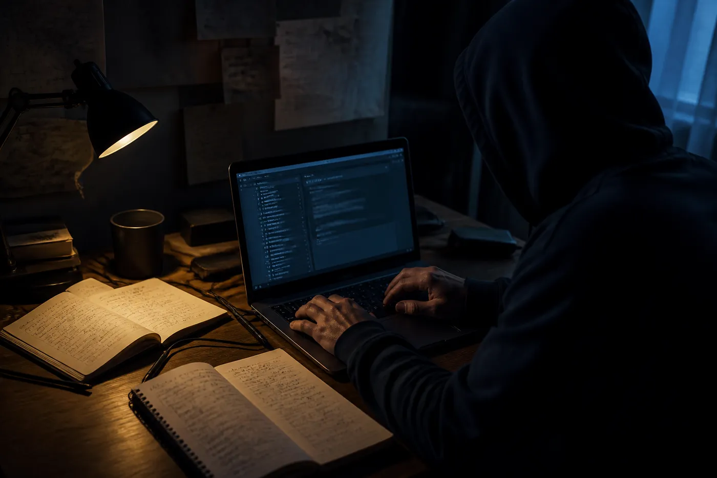 User researching dark web links on a laptop in a low-light setting, surrounded by notes and a Tor manual.
