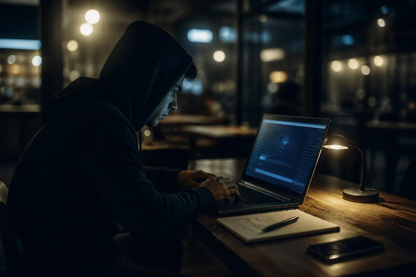 A user is engaged in research on darknet search sites in a cozy café setting, surrounded by a notebook and smartphone.